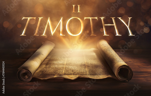 Glowing open scroll parchment revealing the book of the Bible. Book of 2 Timothy. Second Timothy. Paul, discipleship, endurance, perseverance, teaching, truth, encouragement, faithfulness, commission