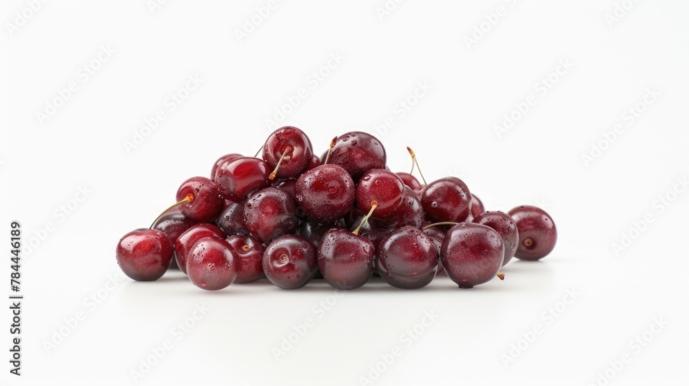 Fresh cherries stacked on a clean white background. Ideal for food and nutrition concepts Fresh cherries stacked on a clean white background. Ideal for food and nutrition concepts