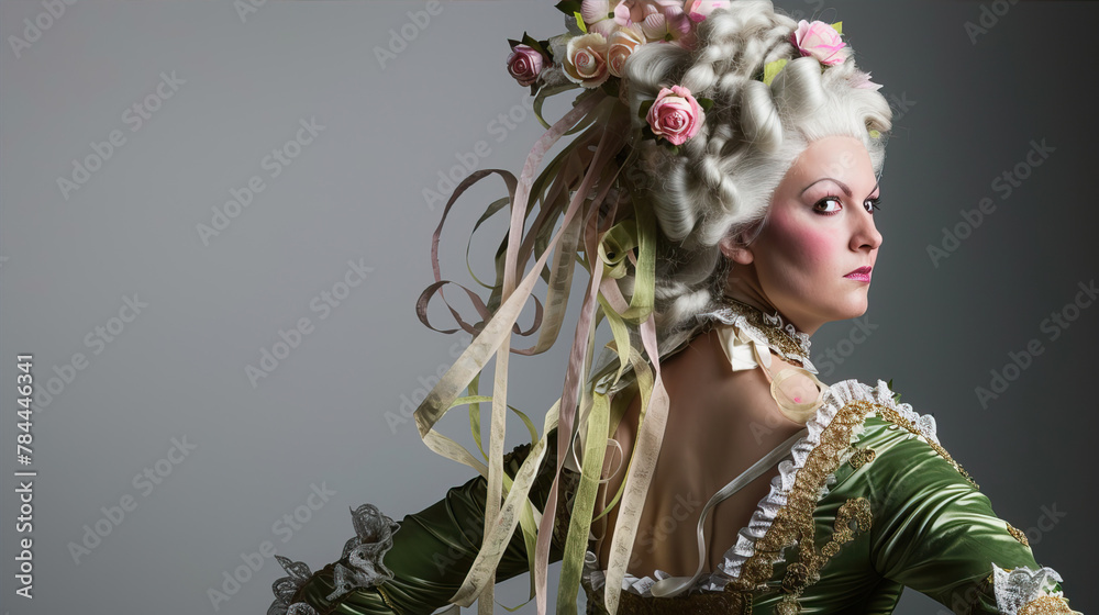 Woman in rococo style image on gray background

