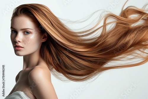 Woman with long flowing hair, isolated background