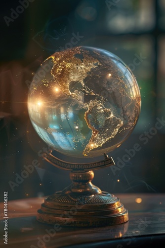 Glass globe on wooden table  suitable for travel or education themes