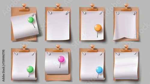 Office stationery for memo board, with pins, white stickers, and pushpins. Empty spaces for messages. Realistic 3D modern illustration, mockup.