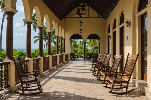Rocking chairs at a tropical resort with tall arched architectural detail