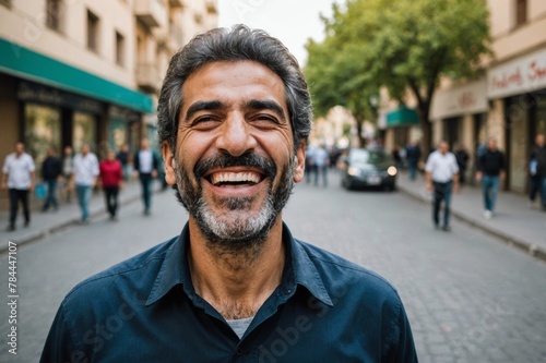 Iranian man laughs in the street photo