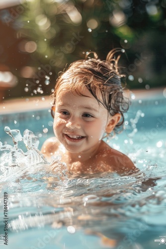 A small child having fun in a pool. Suitable for summer activities concept