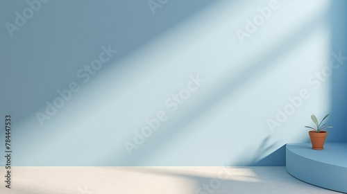 Minimal abstract light blue background for product presentation Shadow and light from windows on plaster wall