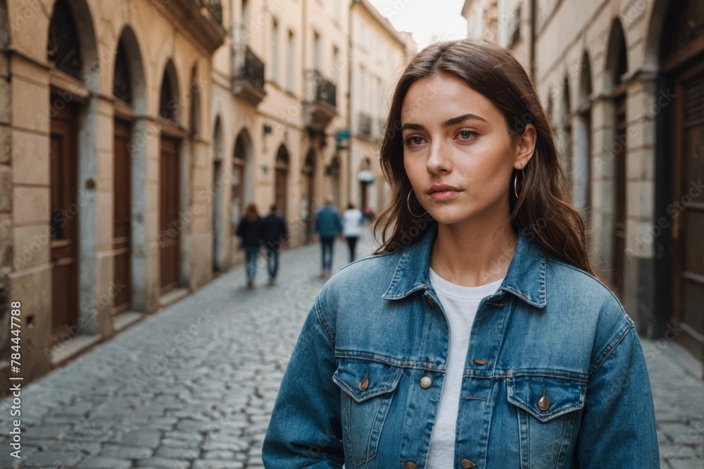 Side view of calm female model wearing denim jacket standing in arched passage on street and looking at camera