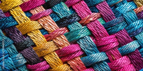 Close up of vibrant multicolored yarn weave, perfect for textile and craft projects