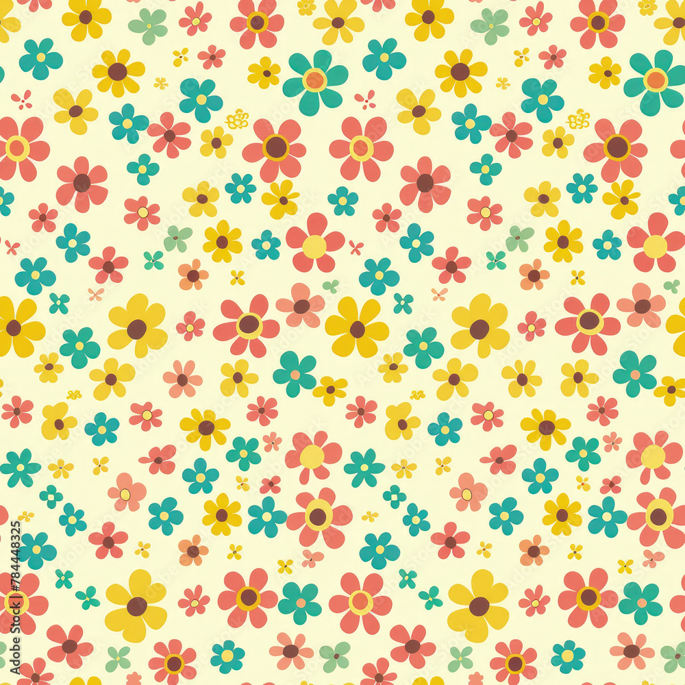 A colorful floral pattern with yellow, pink, and green flowers. The flowers are scattered throughout the image, creating a vibrant and cheerful atmosphere