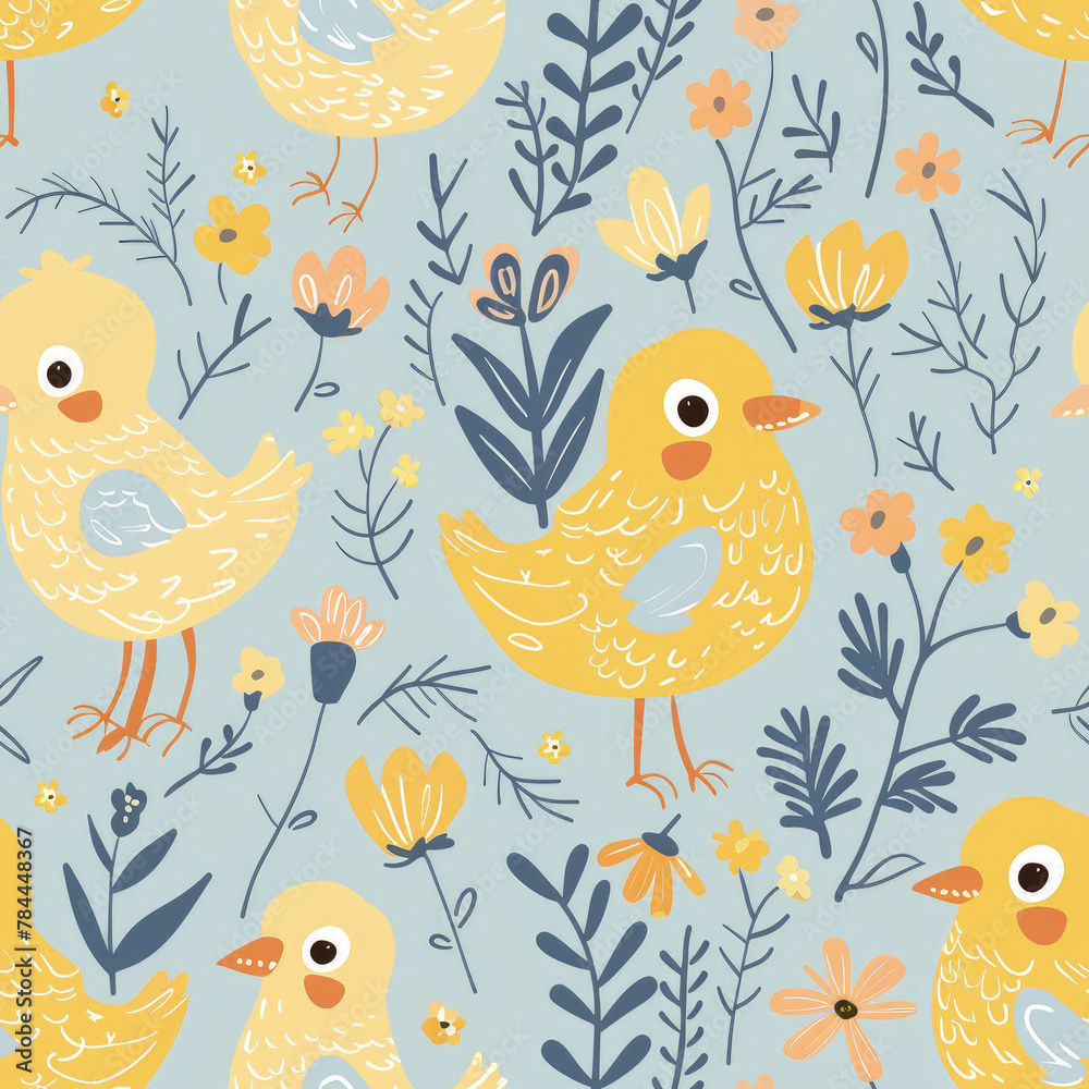Obraz premium Easter pattern, little chicks, flowers, beautiful colors