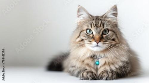 Fashion beauty cat is wearing necklace. Pretty cat wears jewelry. © PaulShlykov