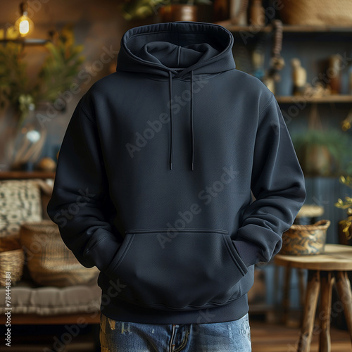 Gildan 18500 Mockup of Navy Blue Hoodie home background no person Gildan 18500 navy blue Hoodie with hands in pocket, Gildan hoodie mockup
