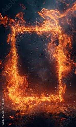 Flaming frame on a dark backdrop, resembling a fiery portal.