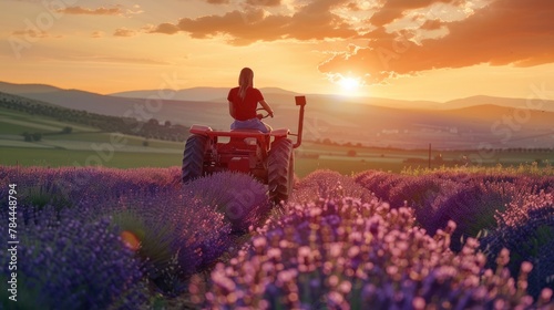 A person driving a tractor in a beautiful lavender field. Perfect for agricultural or nature-themed projects