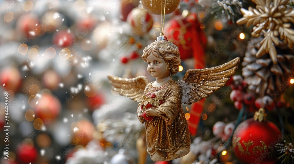 Fototapeta premium A beautiful golden angel ornament hanging from a Christmas tree. Perfect for holiday decorations