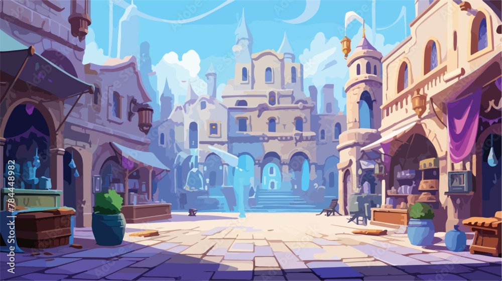 Magical market square where vendors sell potions an