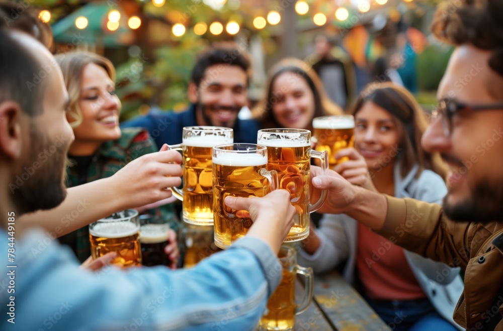 Friends Toasting with Beer at Outdoor Pub