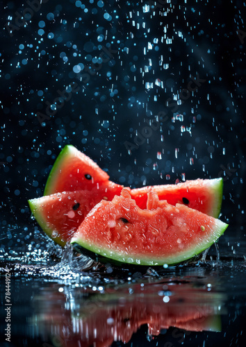 Water splashed delicious watermelon slices  isolated dark background.