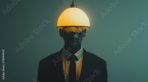 A man wearing a suit with a light on his head. Suitable for business or exploration concepts photo