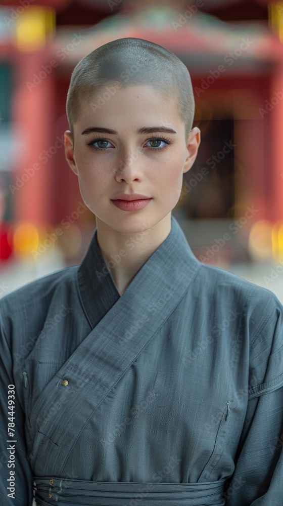 The Serene Samurai: A Shaved-Headed Woman in a Gray Kimono The Serene Samurai: A Shaved-Headed Woman in a Gray Kimono