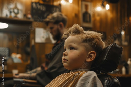 Young boy sitting in a barber chair  ideal for barber shop promotions