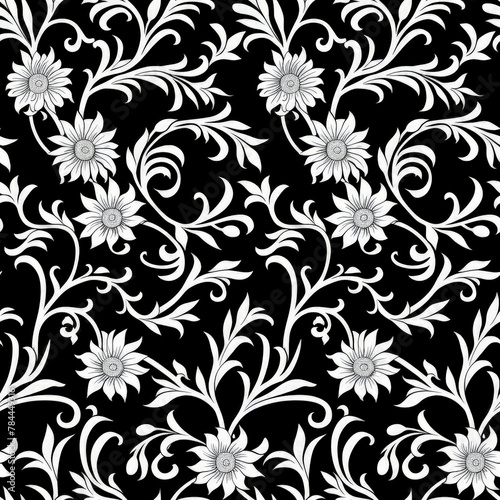 A black and white floral pattern with white flowers. The flowers are arranged in a way that creates a sense of movement and flow. Scene is elegant and sophisticated