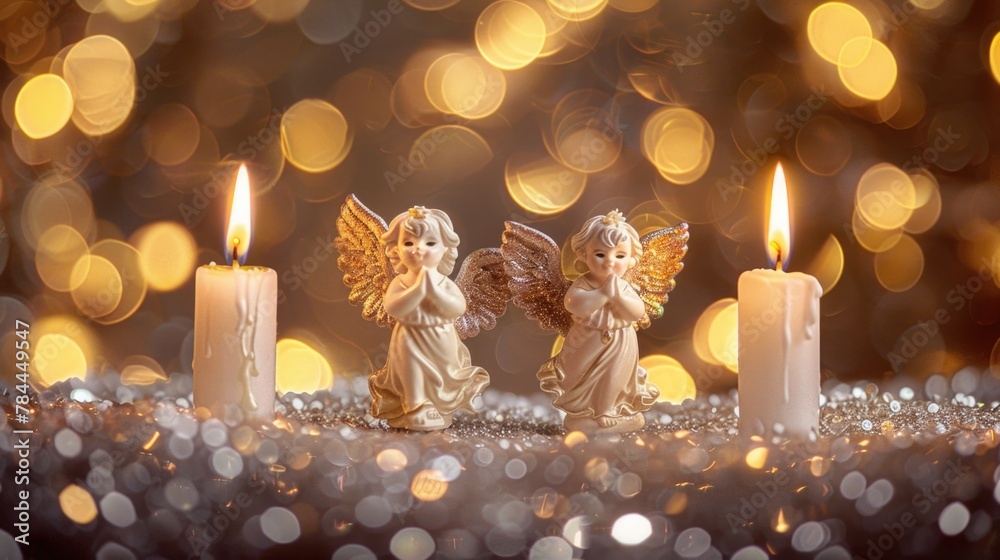 Fototapeta premium Two angel figurines sitting on a table, perfect for religious or home decor themes