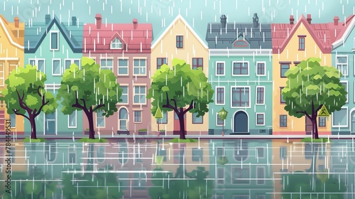 An illustration of a Scandinavian city street with raindrops falling on roofs of buildings, green trees, lanterns on sidewalks, and puddles on the road. Wet climate and traditional buildings.