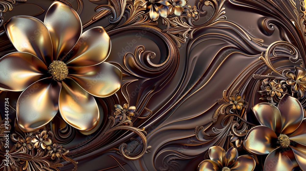 Rich 3D floral golds spiral on a chocolate canvas for a regal effect. Rich 3D floral golds spiral on a chocolate canvas for a regal effect.