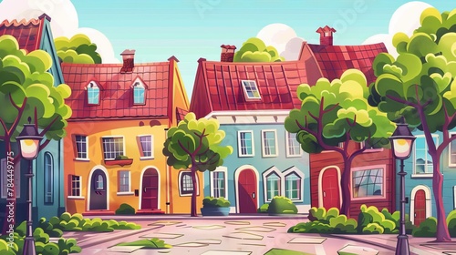 A panoramic view of Scandinavian city street with traditional buildings. Modern cartoon illustration of a cozy town with old houses, red roofs, green trees and lanterns on a sidewalk in summer. © Mark