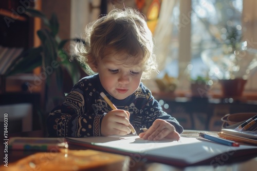 Young child sitting at a table with pencil and paper. Suitable for educational and creative concepts