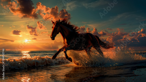 horse on the beach at sunset