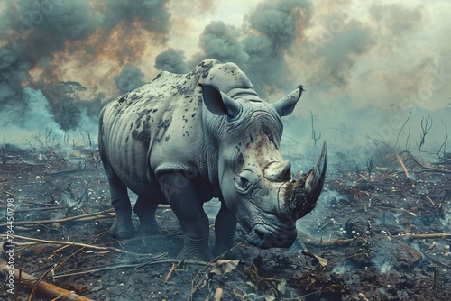 A rhinoceros standing in a field with thick smoke in the background  creating a stark contrast in the natural environment