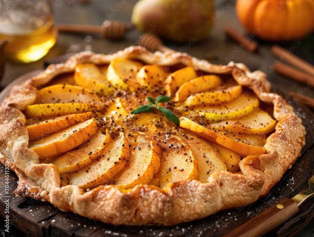 delectable galette featuring a golden-brown crust adorned with slices of pumpkin and pear sits elegantly on a dark wooden board. 