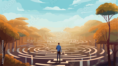 Man scratching head standing at start of labyrinth photo