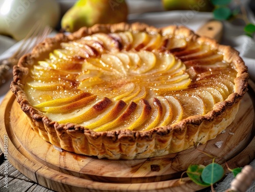 delightful pie with succulent pears and golden honey is elegantly presented on a light wooden board. The flaky crust encases the luscious filling, 
