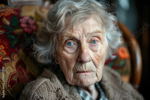 An elderly woman sitting in a chair, looking at the camera. Suitable for various concepts