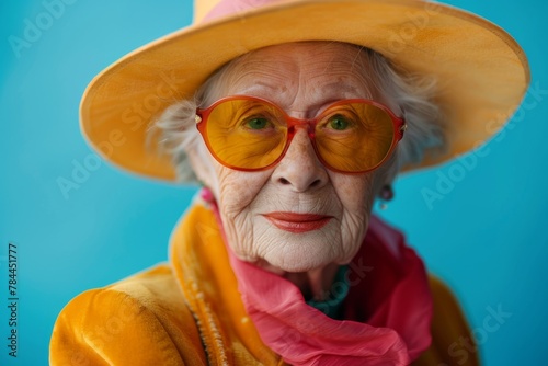 An elegant senior lady dons a yellow hat and orange glasses, exuding style and confidence with a serene expression