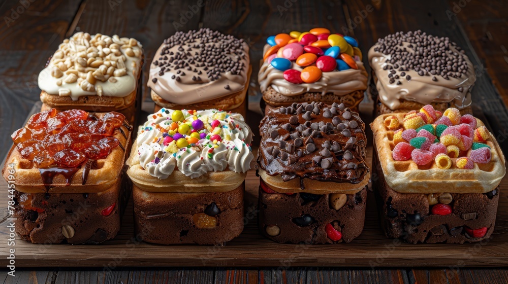   A wooden table, laden with various cakes and waffles, all generously coated in frosting and adorned with colorful sprinkles