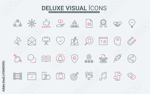 Storytelling, content creation and publication in social media thin black and red line icons set vector illustration. Outline marketing symbols, copyright protection of authors ideas, blog followers
