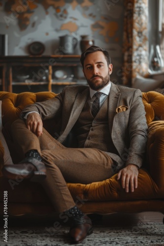 A man in a suit sitting on a couch. Suitable for business or relaxation concepts