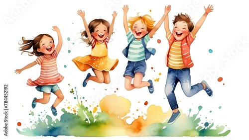 A group of children are jumping in the air, with one girl wearing a yellow dress