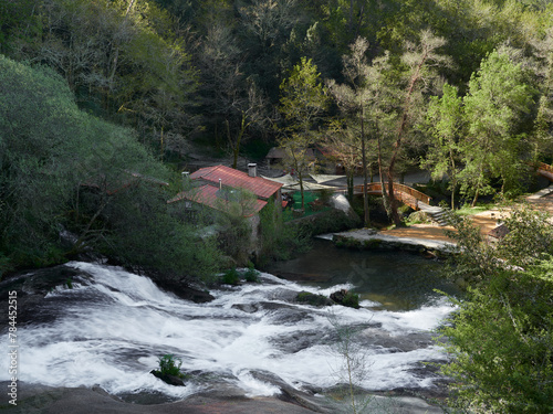 Old house on the bank of a river and surrounded by trees