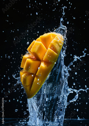 Water splashed delicious mango slices, isolated dark background.