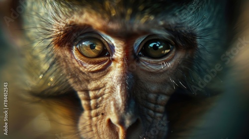 A close up of a monkey's face with a blurry background. Perfect for wildlife or animal themed projects