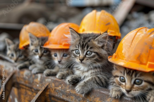 A group of adorable kittens sitting together wearing orange construction helmets photo