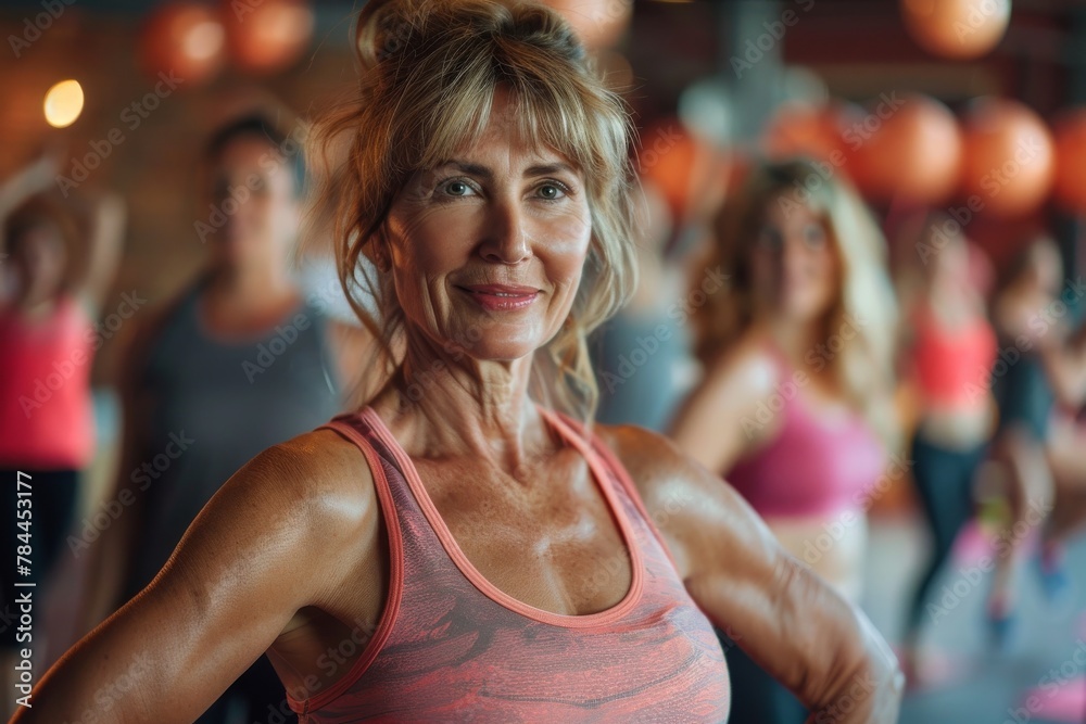 A smiling mature woman poses confidently in a fitness class with other participants in the background, showcasing a healthy lifestyle