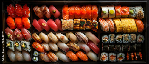 different types of sushi an a black background