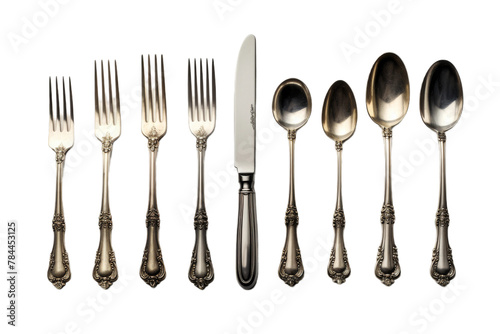 Gleaming Symphony: A Magical Collection of Forks and Knives. On White or PNG Transparent Background.