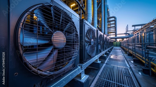 Sets of cooling towers in data center building.